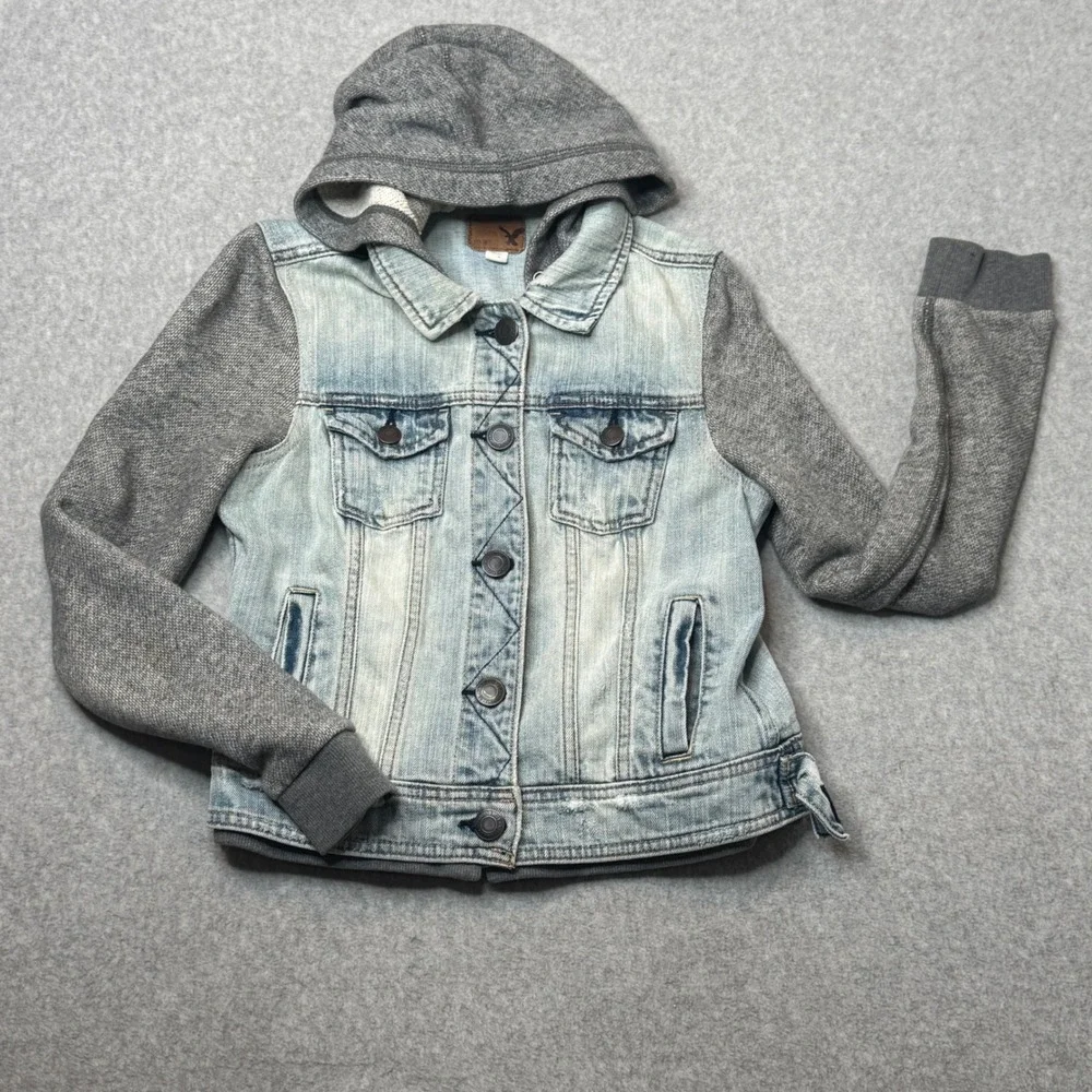 American Eagle‎ Outfitters Denim Hoodie Jacket Women's Small Gray Blue